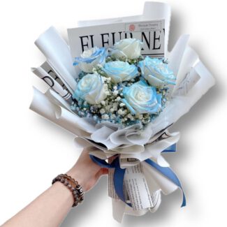 Whispering Sky White Rose Spray Blue & Baby's Breath Bouquet